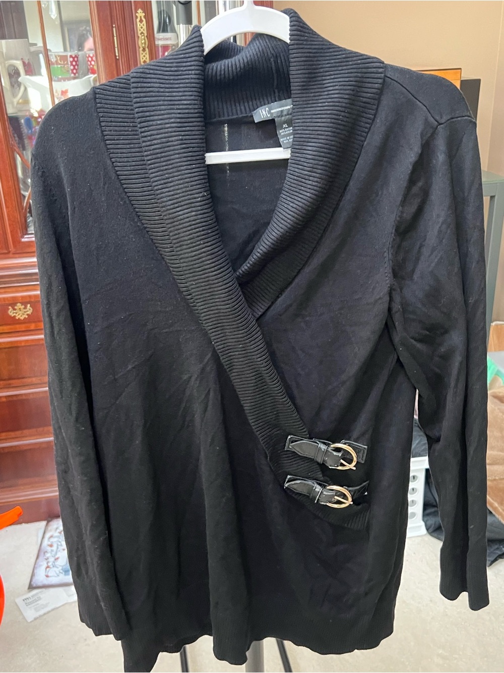INC International Concepts Black Shawl Collar Buckle Sweater Jacket